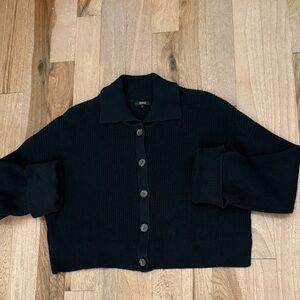 Quince 100% cotton cropped collared fisherman cardigan sweater black L